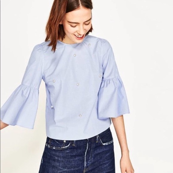 ZARA Light Blue 3/4 Bell Sleeve Pearl Top S - Picture 1 of 6